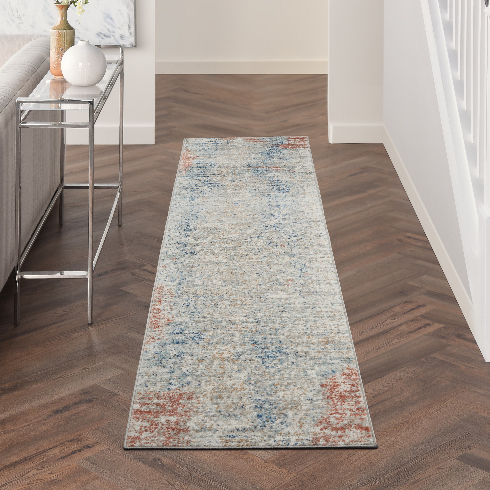 Quarry Qua10 Abstract Distressed Runner Rugs In Ivory Multicolour By Nourison